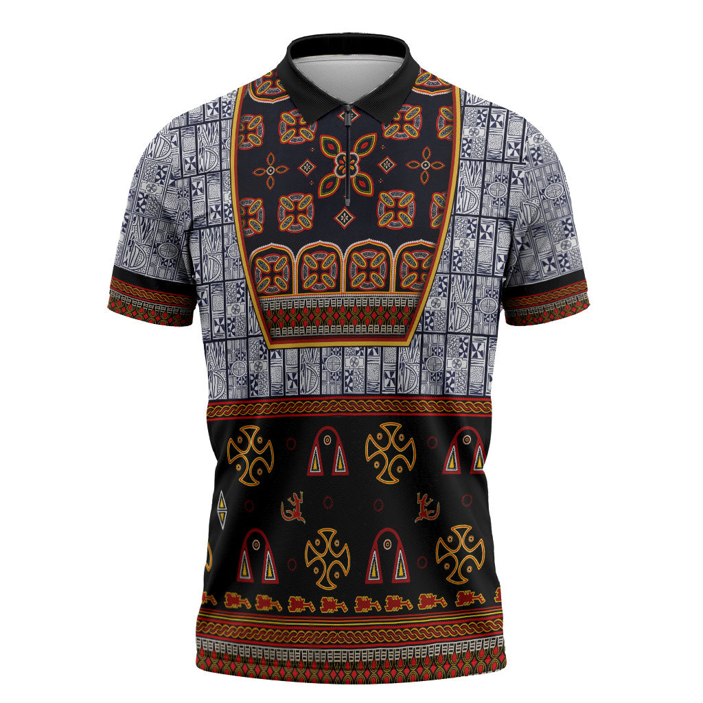 Cameroon Toghu Ethnic Heritage Zipper Polo Shirt Traditional Bamenda Embroidery Style - African Tribal Motifs