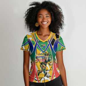 Personalized South Africa Football Springbok Women V-Neck T-Shirt Bafana Bafana Rainbow Nation Flag Colors