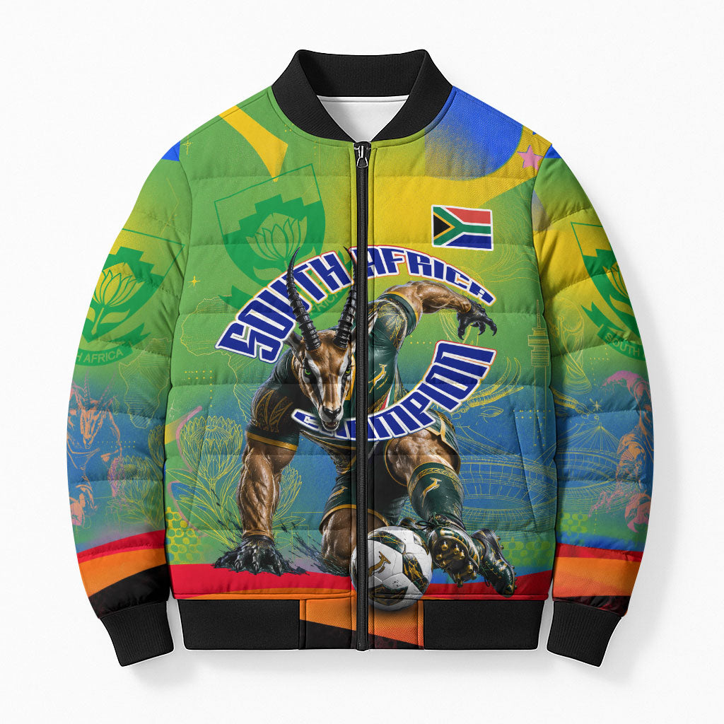 Personalized South Africa Football Bomber Puffer Jacket Springbok Champion Soccer Mascot Protea