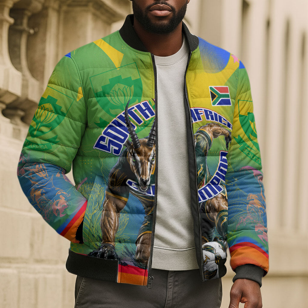 Personalized South Africa Football Bomber Puffer Jacket Springbok Champion Soccer Mascot Protea
