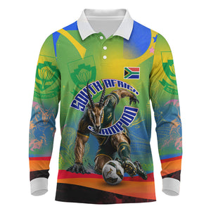 Personalized South Africa Football Long Sleeve Polo Shirt Springbok Champion Soccer Mascot Protea