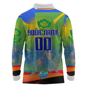 Personalized South Africa Football Long Sleeve Polo Shirt Springbok Champion Soccer Mascot Protea