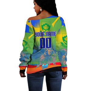 Personalized South Africa Football Off Shoulder Sweater Springbok Champion Soccer Mascot Protea