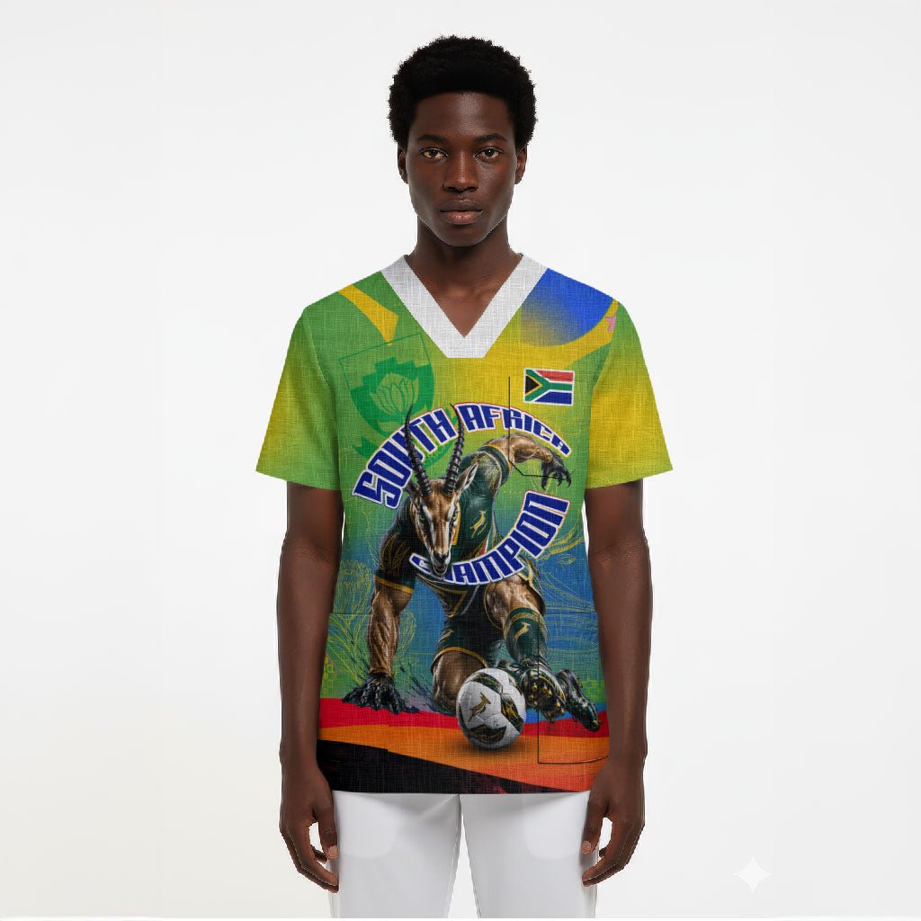 Personalized South Africa Football Scrub Top Springbok Champion Soccer Mascot Protea
