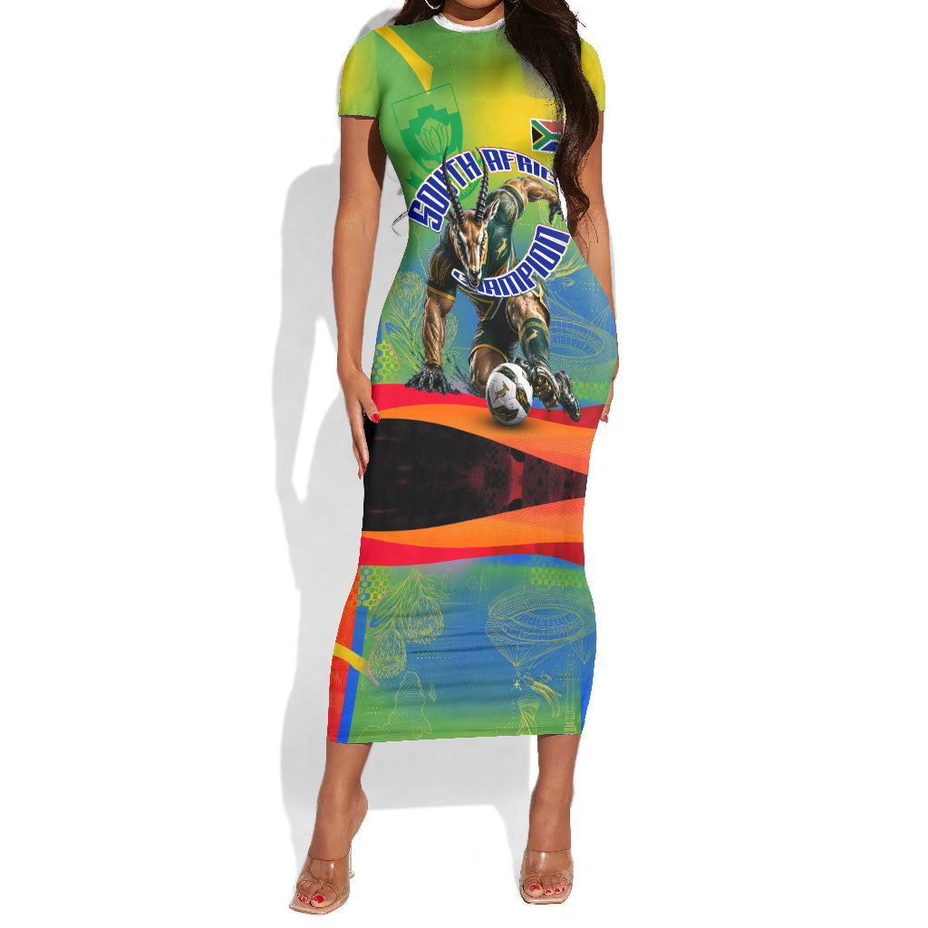 Personalized South Africa Football Short Sleeve Bodycon Dress Springbok Champion Soccer Mascot Protea