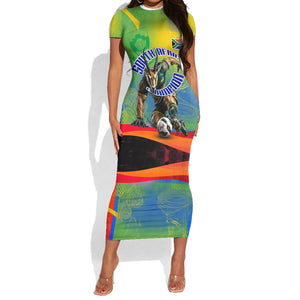 Personalized South Africa Football Short Sleeve Bodycon Dress Springbok Champion Soccer Mascot Protea