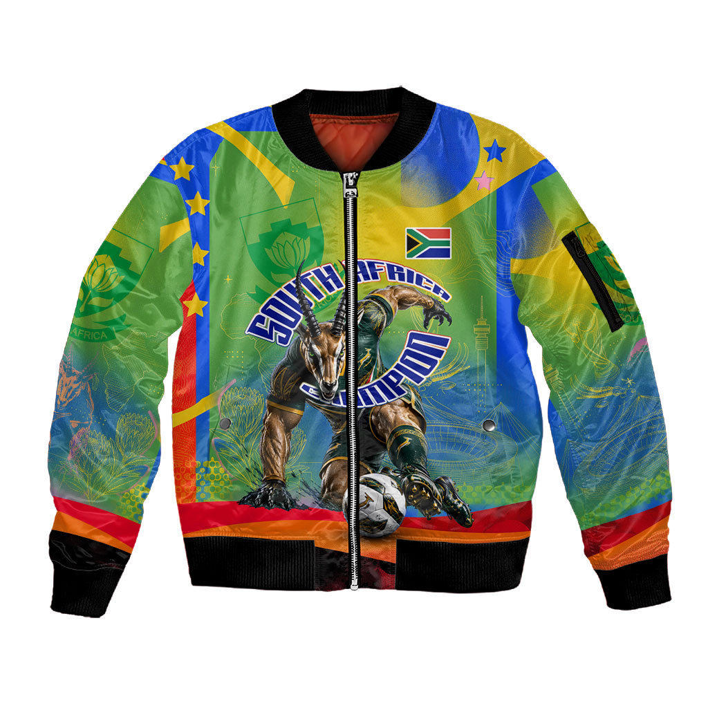 Personalized South Africa Football Sleeve Zip Bomber Jacket Springbok Champion Soccer Mascot Protea