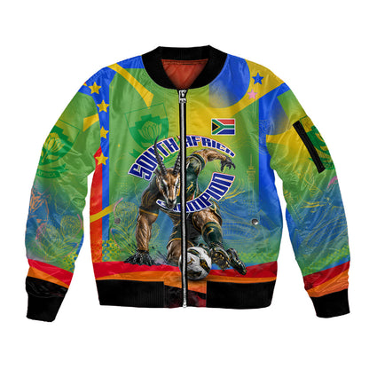 Personalized South Africa Football Sleeve Zip Bomber Jacket Springbok Champion Soccer Mascot Protea