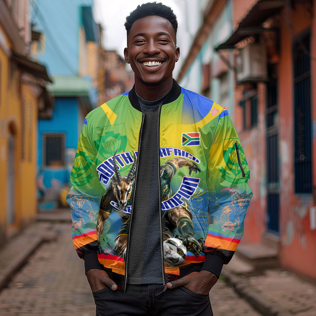 Personalized South Africa Football Sleeve Zip Bomber Jacket Springbok Champion Soccer Mascot Protea