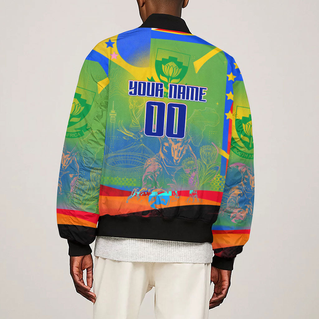 Personalized South Africa Football Sleeve Zip Bomber Jacket Springbok Champion Soccer Mascot Protea