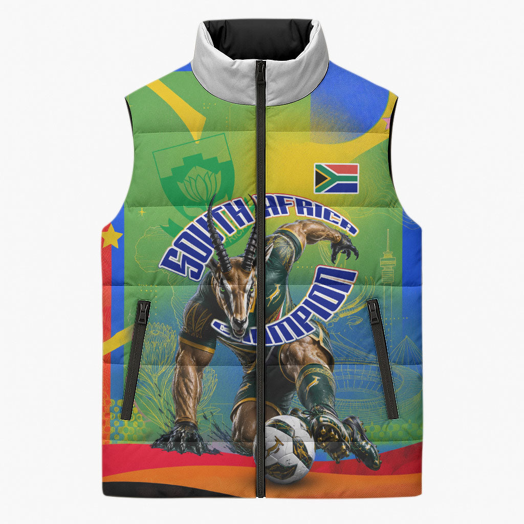 Personalized South Africa Football Sleeveless Puffer Jacket Springbok Champion Soccer Mascot Protea