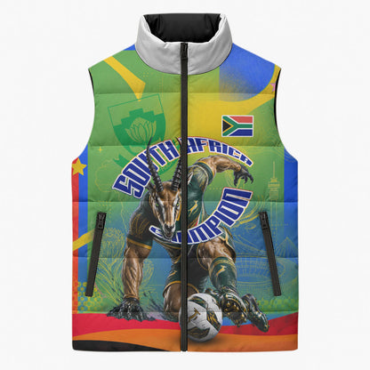 Personalized South Africa Football Sleeveless Puffer Jacket Springbok Champion Soccer Mascot Protea