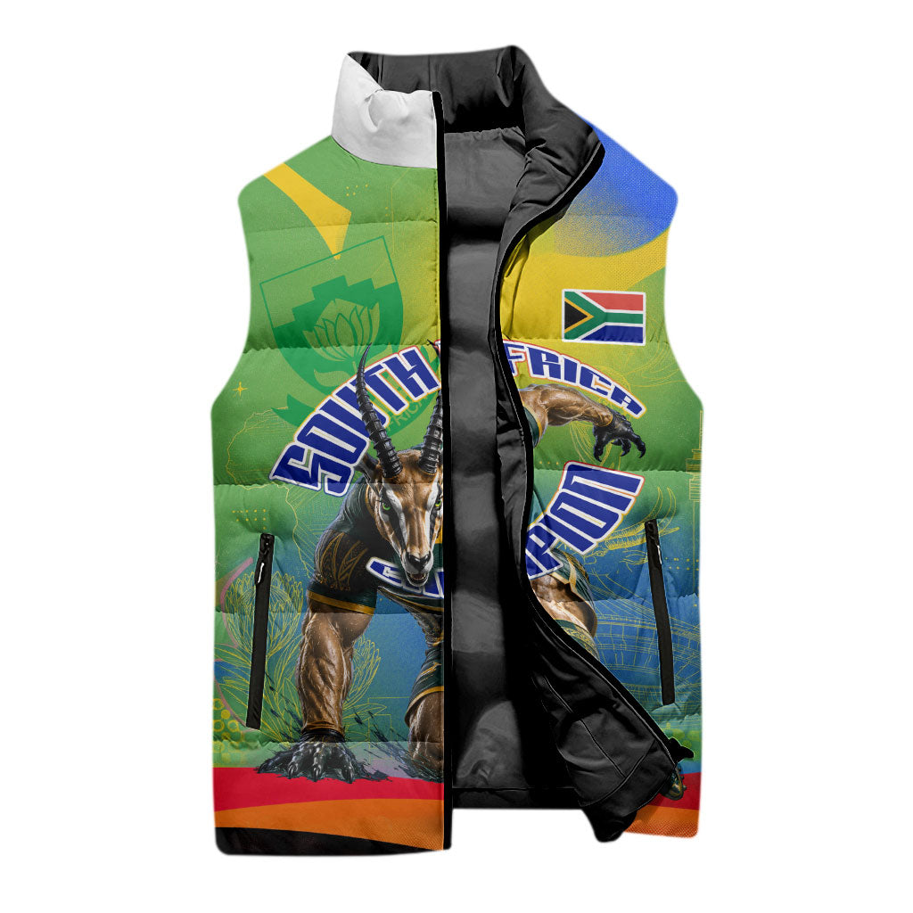 Personalized South Africa Football Sleeveless Puffer Jacket Springbok Champion Soccer Mascot Protea