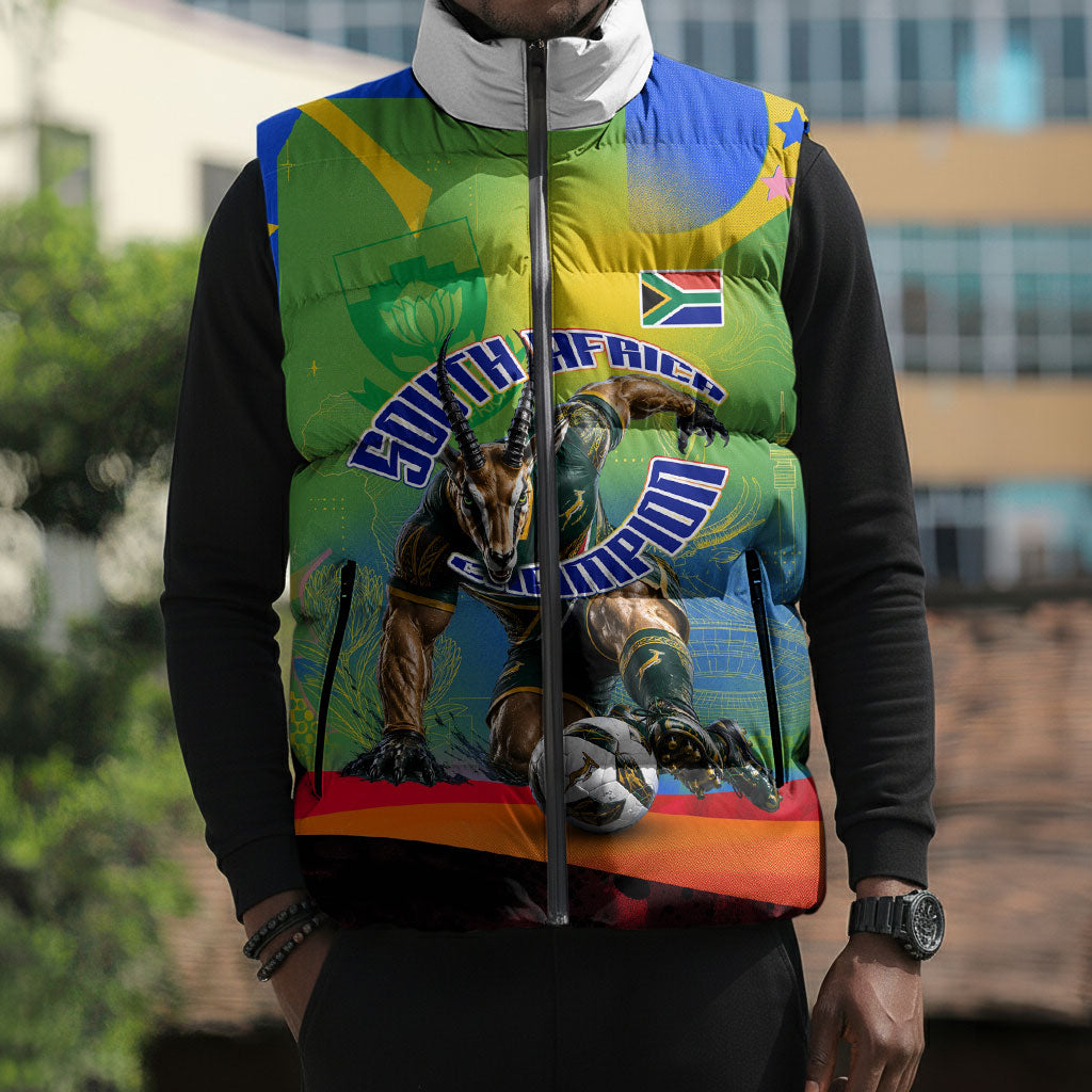 Personalized South Africa Football Sleeveless Puffer Jacket Springbok Champion Soccer Mascot Protea