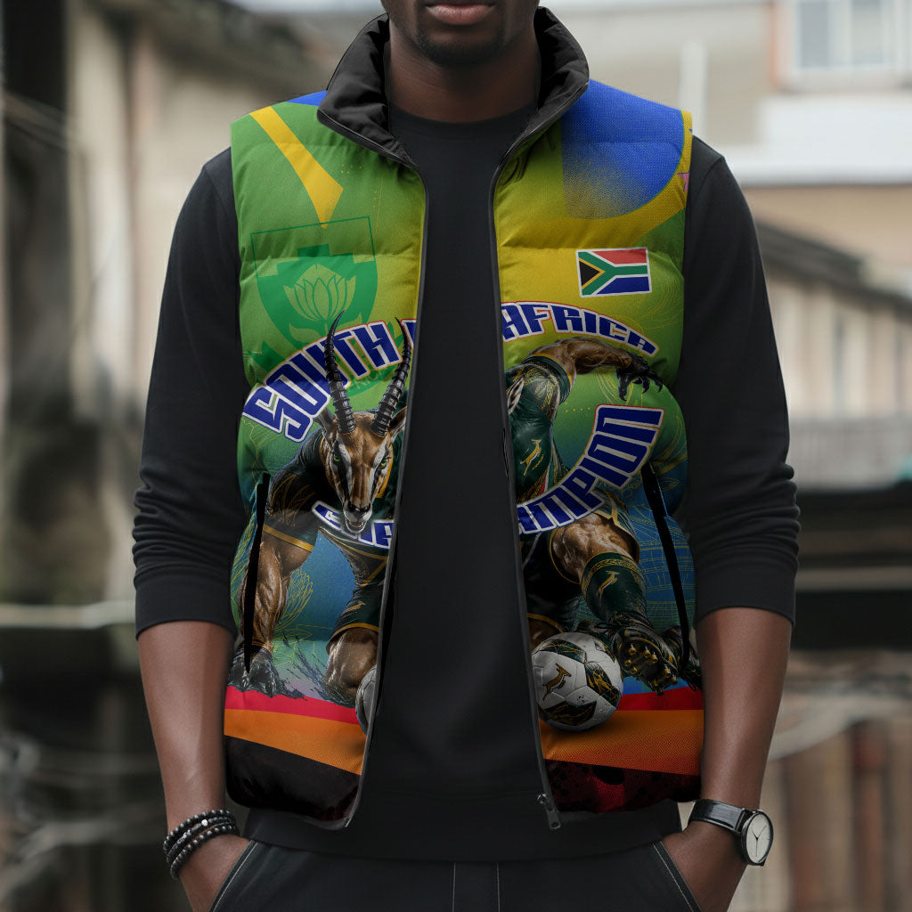 Personalized South Africa Football Sleeveless Puffer Jacket Springbok Champion Soccer Mascot Protea
