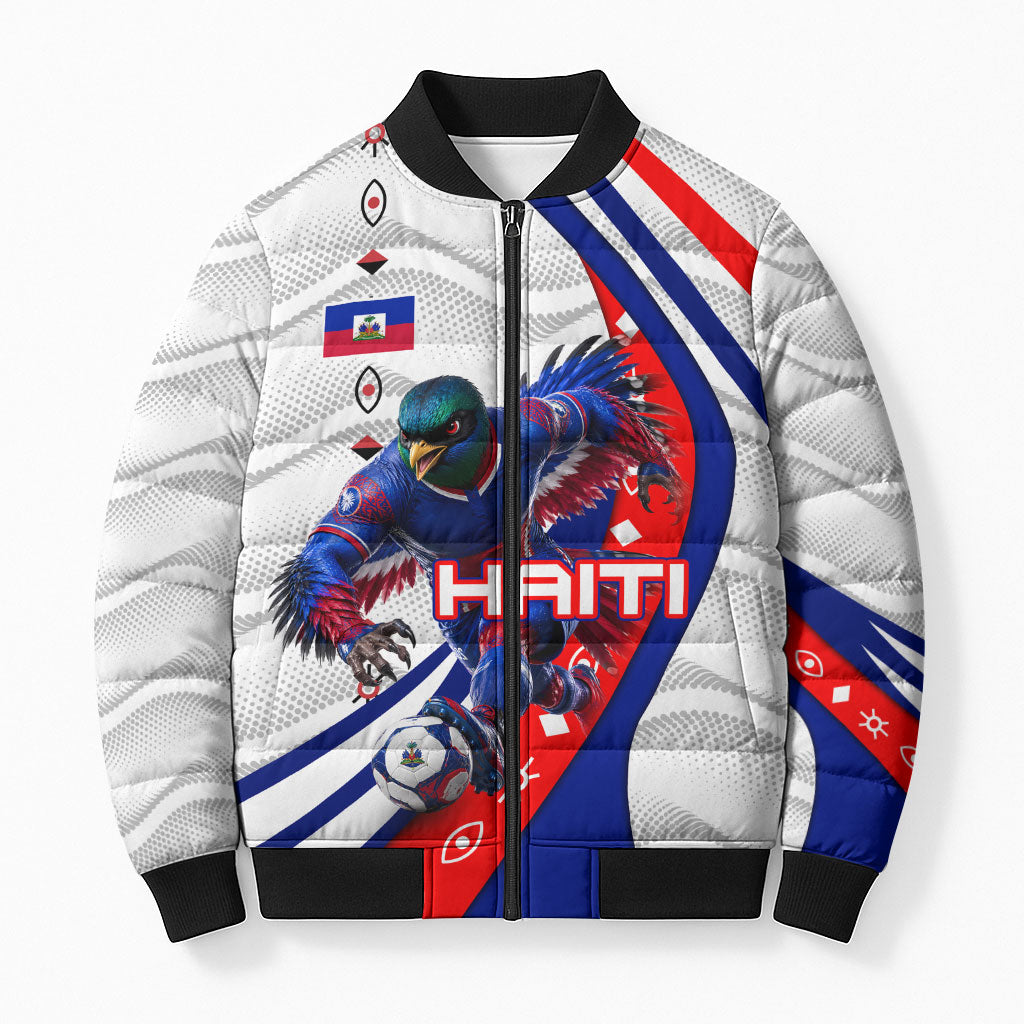 Personalized Haiti Football Trogon Bird Bomber Puffer Jacket Les Grenadiers National Flag Art Caribbean