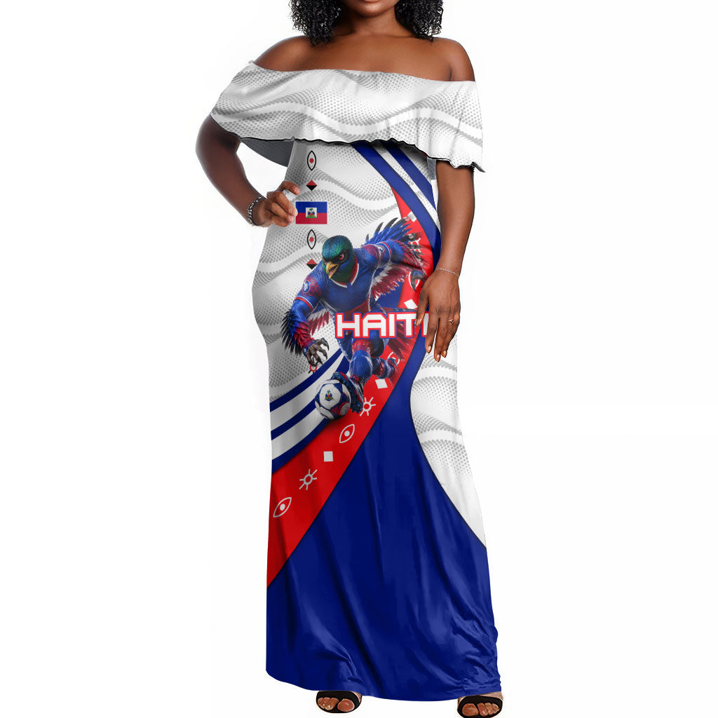 Personalized Haiti Football Trogon Bird Off Shoulder Maxi Dress Les Grenadiers National Flag Art Caribbean