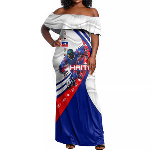 Personalized Haiti Football Trogon Bird Off Shoulder Maxi Dress Les Grenadiers National Flag Art Caribbean