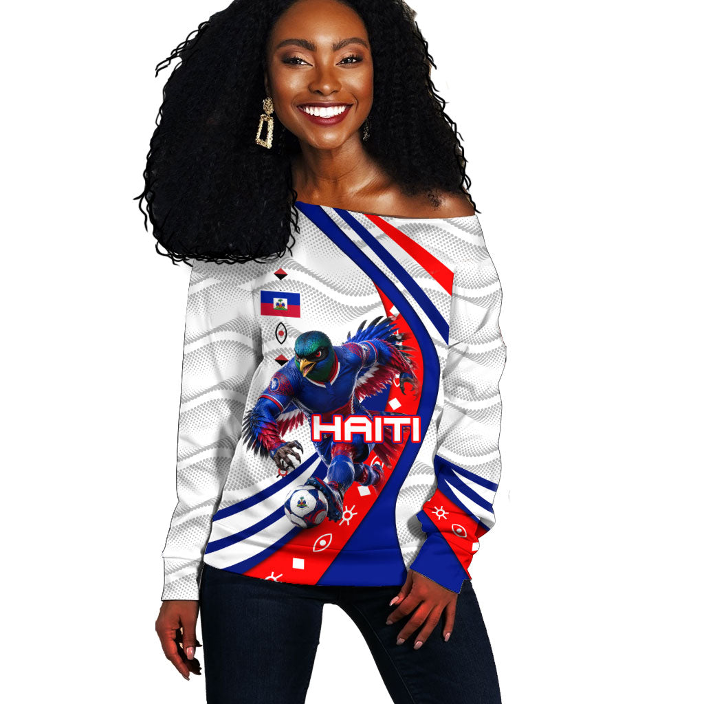 Personalized Haiti Football Trogon Bird Off Shoulder Sweater Les Grenadiers National Flag Art Caribbean