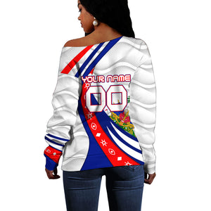 Personalized Haiti Football Trogon Bird Off Shoulder Sweater Les Grenadiers National Flag Art Caribbean