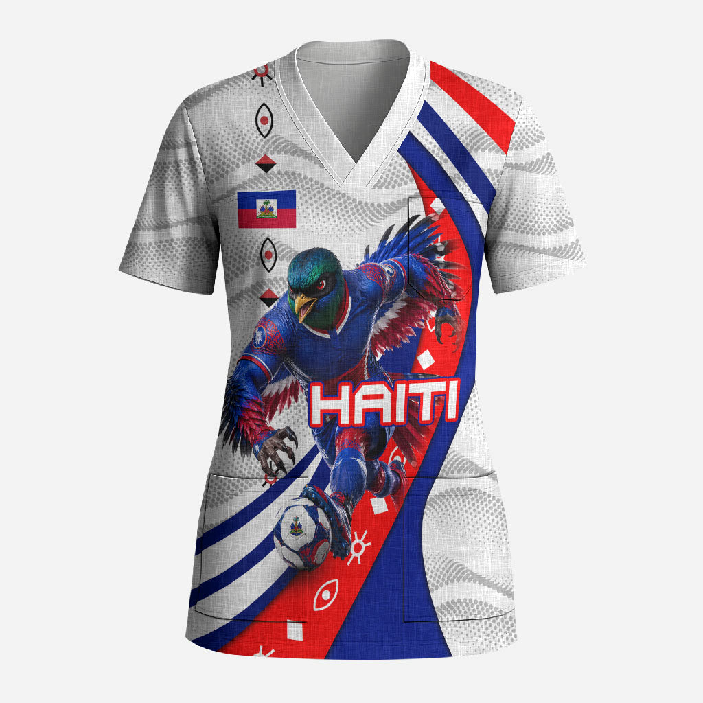 Personalized Haiti Football Trogon Bird Scrub Top Les Grenadiers National Flag Art Caribbean