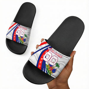 Personalized Haiti Football Trogon Bird Slide Sandals Les Grenadiers National Flag Art Caribbean