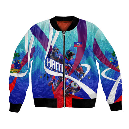 Personalized Haiti Football Bomber Jacket Haitian Flag Trogon Bird Mascot
