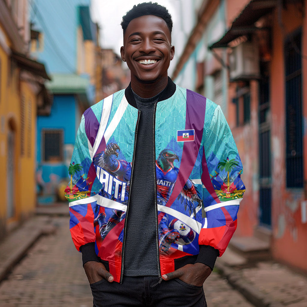 Personalized Haiti Football Bomber Jacket Haitian Flag Trogon Bird Mascot