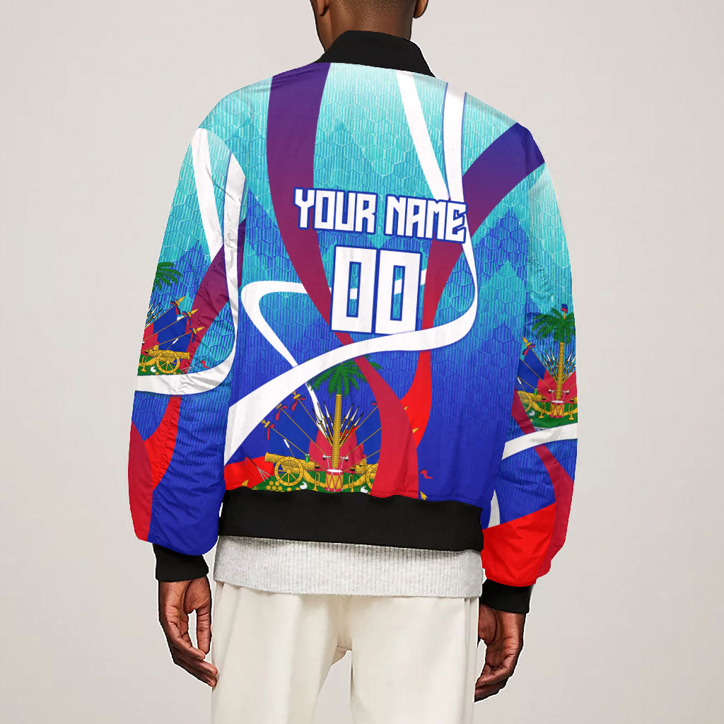 Personalized Haiti Football Bomber Jacket Haitian Flag Trogon Bird Mascot
