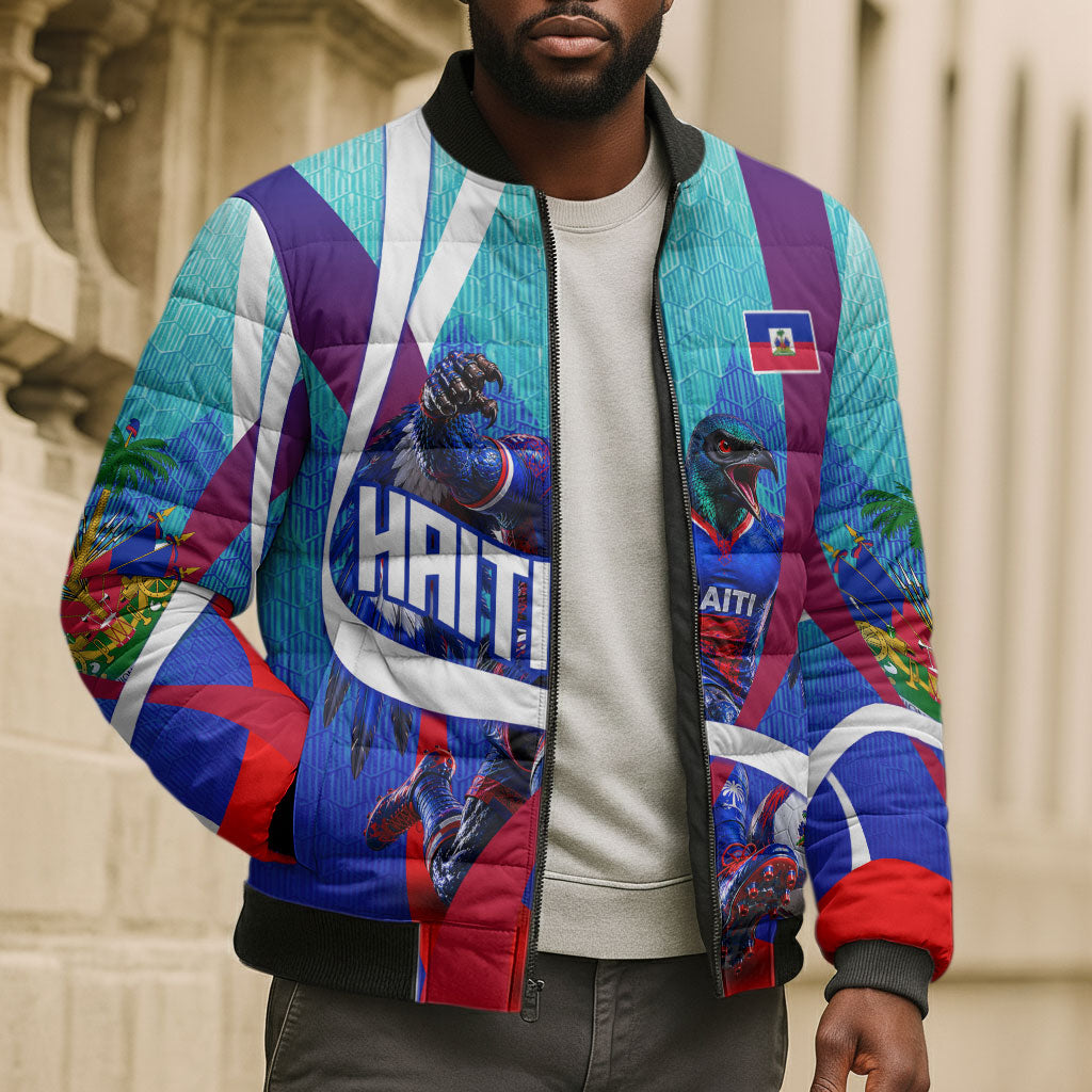 Personalized Haiti Football Bomber Puffer Jacket Haitian Flag Trogon Bird Mascot