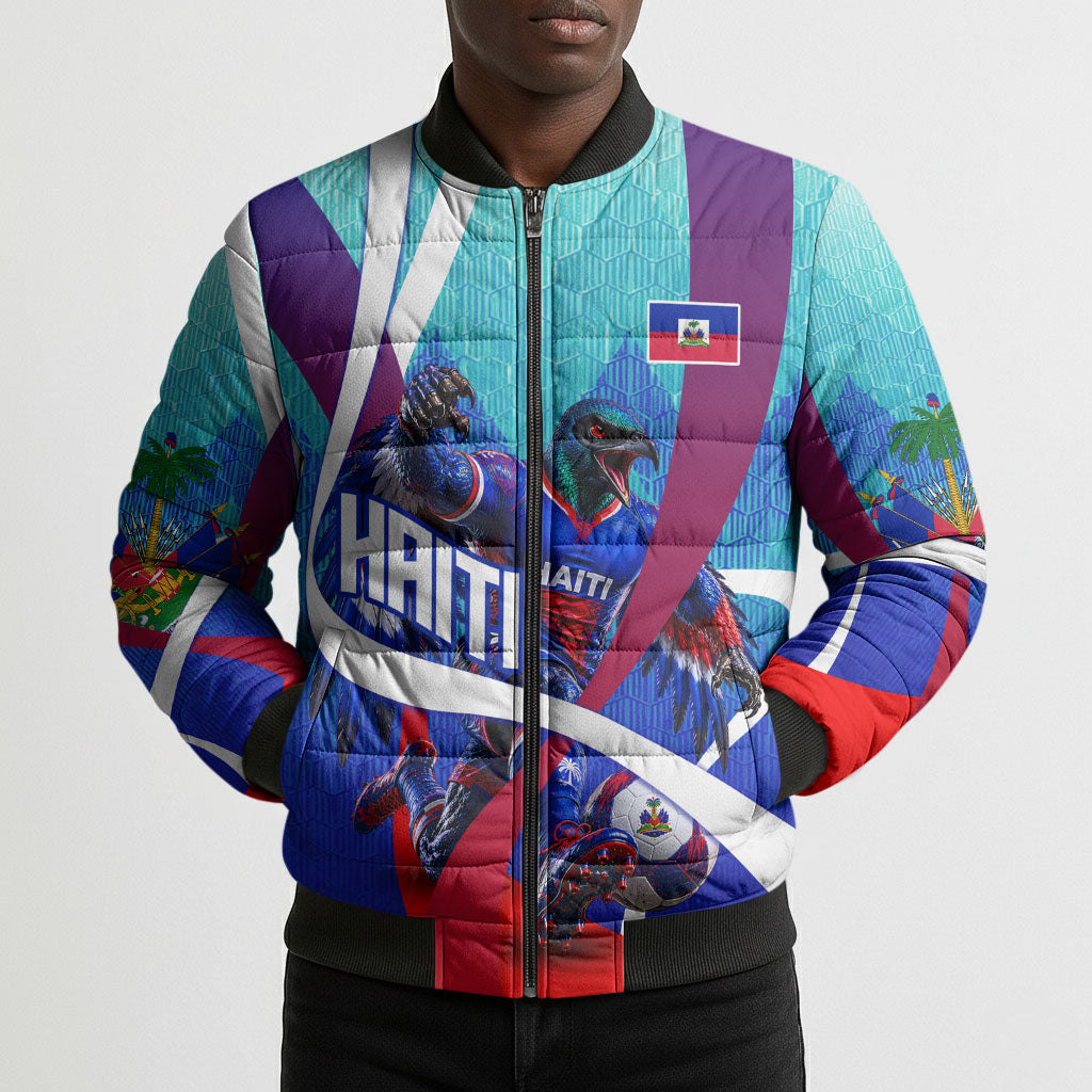 Personalized Haiti Football Bomber Puffer Jacket Haitian Flag Trogon Bird Mascot