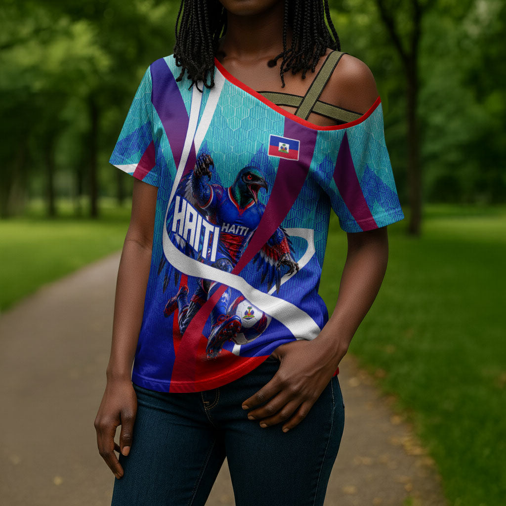 Personalized Haiti Football Cross Shoulder Shirt Haitian Flag Trogon Bird Mascot