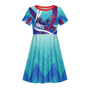 Personalized Haiti Football Kid Short Sleeve Dress Haitian Flag Trogon Bird Mascot