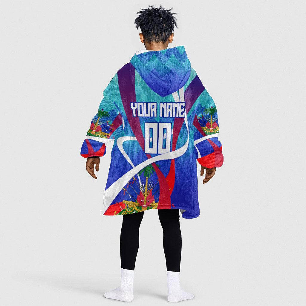 Personalized Haiti Football Kid Wearable Blanket Hoodie Haitian Flag Trogon Bird Mascot