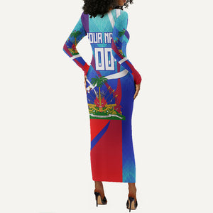 Personalized Haiti Football Long Sleeve Bodycon Dress Haitian Flag Trogon Bird Mascot