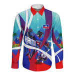 Personalized Haiti Football Long Sleeve Button Shirt Haitian Flag Trogon Bird Mascot