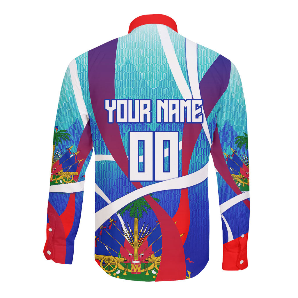 Personalized Haiti Football Long Sleeve Button Shirt Haitian Flag Trogon Bird Mascot