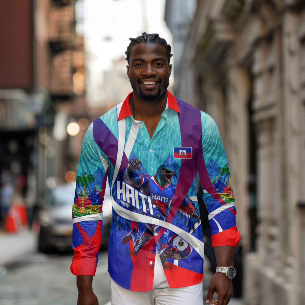Personalized Haiti Football Long Sleeve Button Shirt Haitian Flag Trogon Bird Mascot