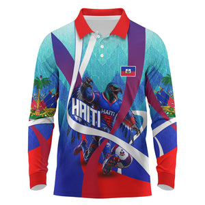 Personalized Haiti Football Long Sleeve Polo Shirt Haitian Flag Trogon Bird Mascot