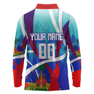 Personalized Haiti Football Long Sleeve Polo Shirt Haitian Flag Trogon Bird Mascot