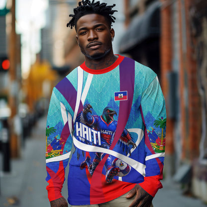 Personalized Haiti Football Long Sleeve Shirt Haitian Flag Trogon Bird Mascot