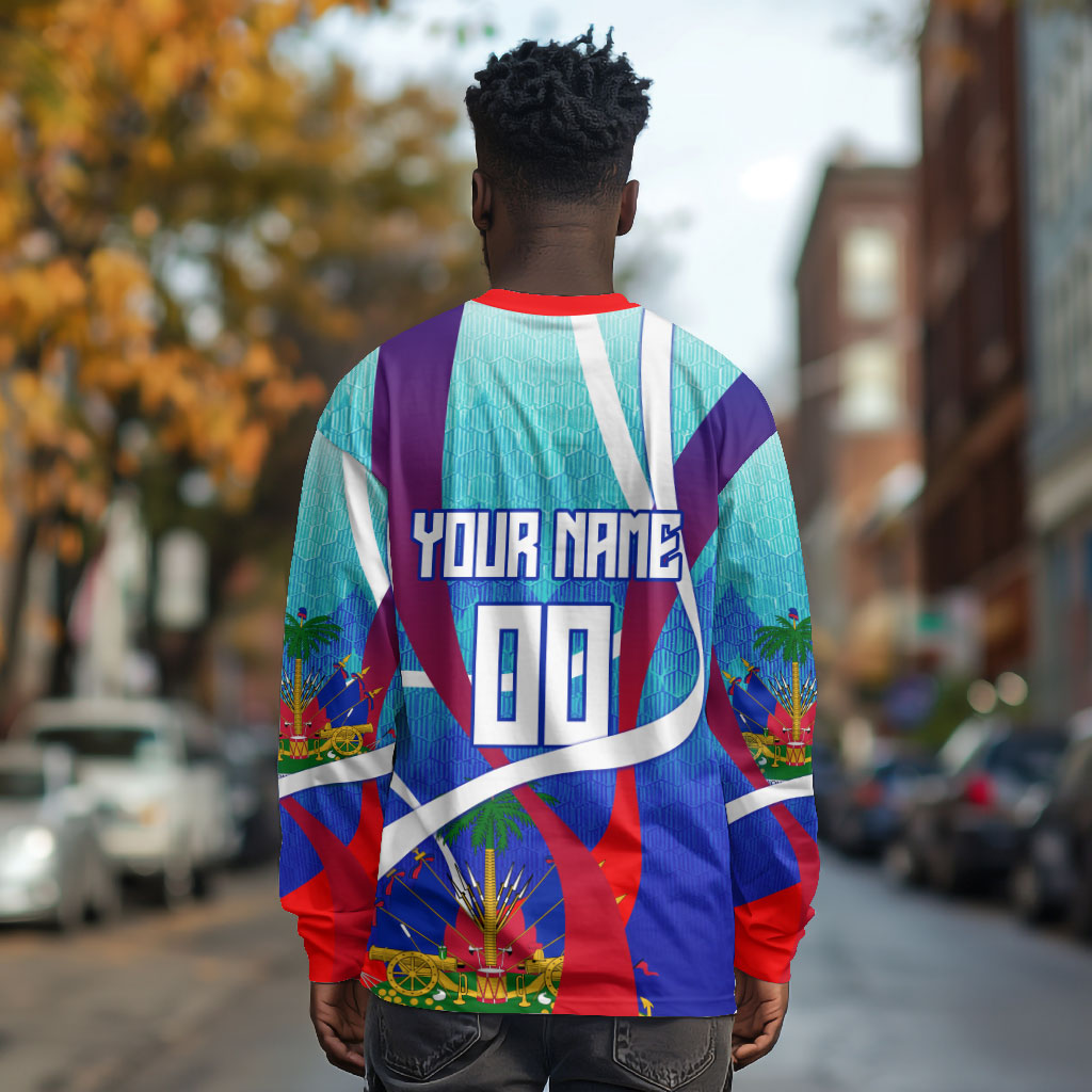 Personalized Haiti Football Long Sleeve Shirt Haitian Flag Trogon Bird Mascot
