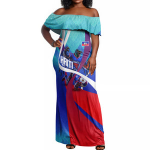Personalized Haiti Football Off Shoulder Maxi Dress Haitian Flag Trogon Bird Mascot