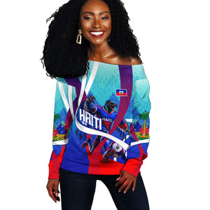 Personalized Haiti Football Off Shoulder Sweater Haitian Flag Trogon Bird Mascot
