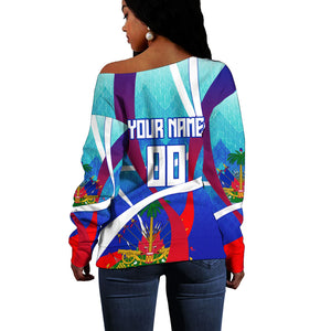 Personalized Haiti Football Off Shoulder Sweater Haitian Flag Trogon Bird Mascot