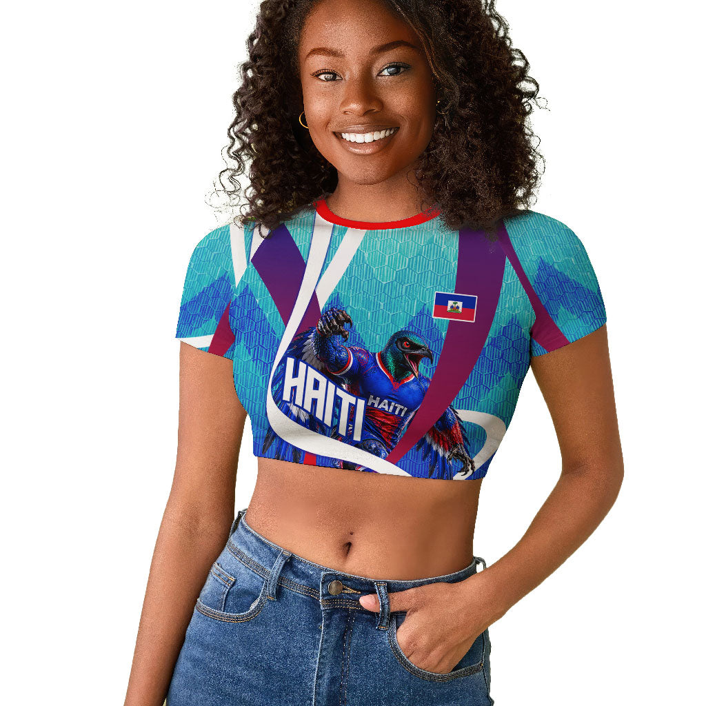 Personalized Haiti Football Raglan Cropped T shirt Haitian Flag Trogon Bird Mascot