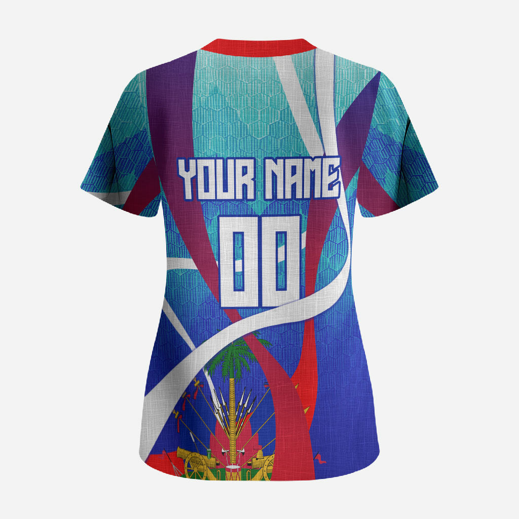 Personalized Haiti Football Scrub Top Haitian Flag Trogon Bird Mascot