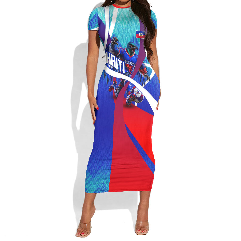 Personalized Haiti Football Short Sleeve Bodycon Dress Haitian Flag Trogon Bird Mascot