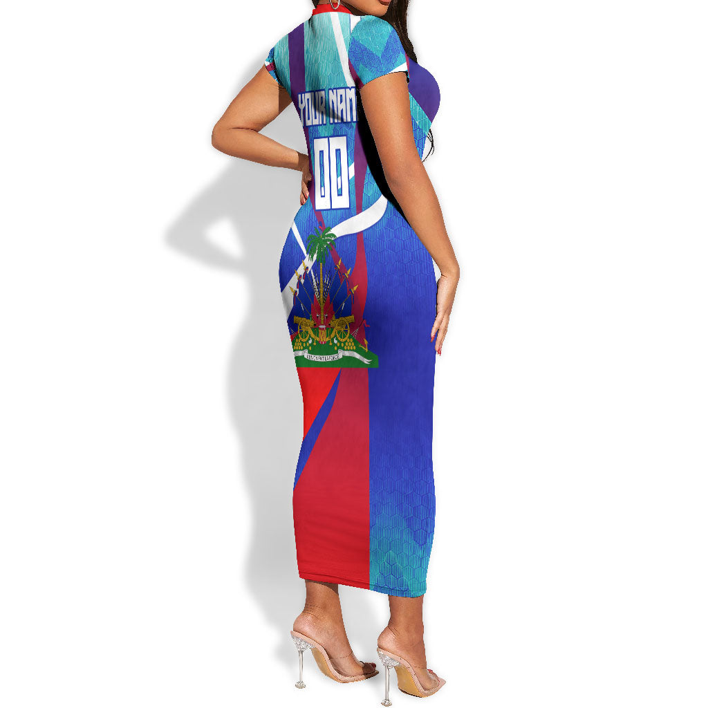 Personalized Haiti Football Short Sleeve Bodycon Dress Haitian Flag Trogon Bird Mascot