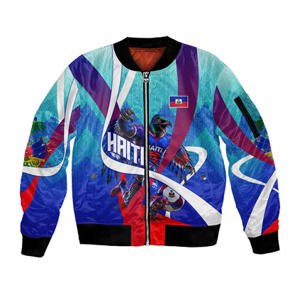 Personalized Haiti Football Sleeve Zip Bomber Jacket Haitian Flag Trogon Bird Mascot